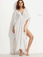 Romwe White Lace-up V Neck Pom-pom Trim Split Dress