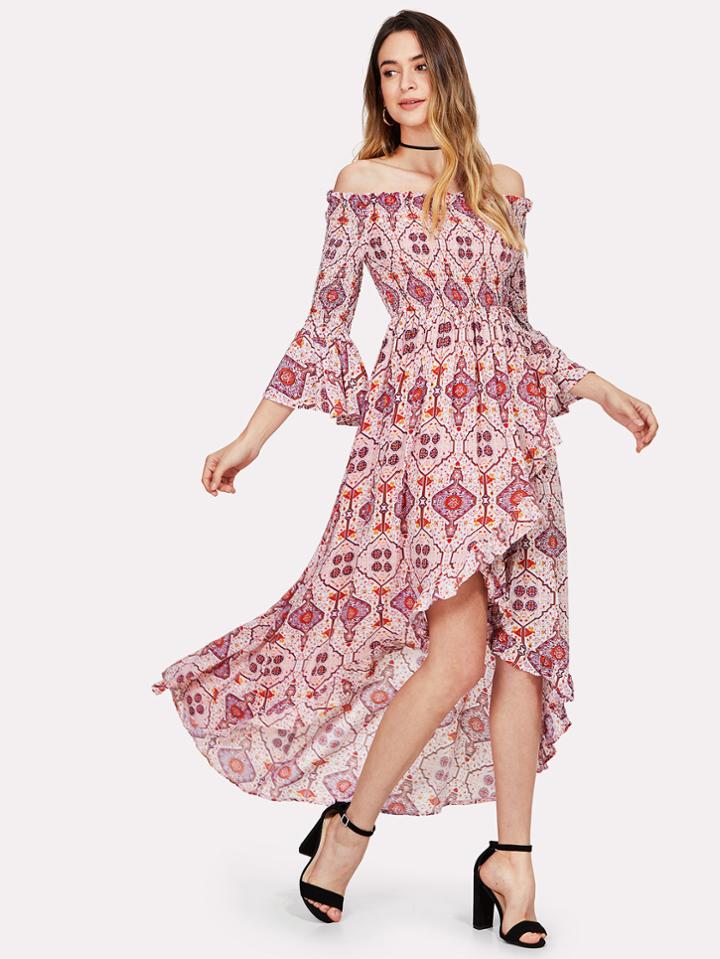 Romwe Geo Print Shirred Bodice Asymmetric Bardot Dress