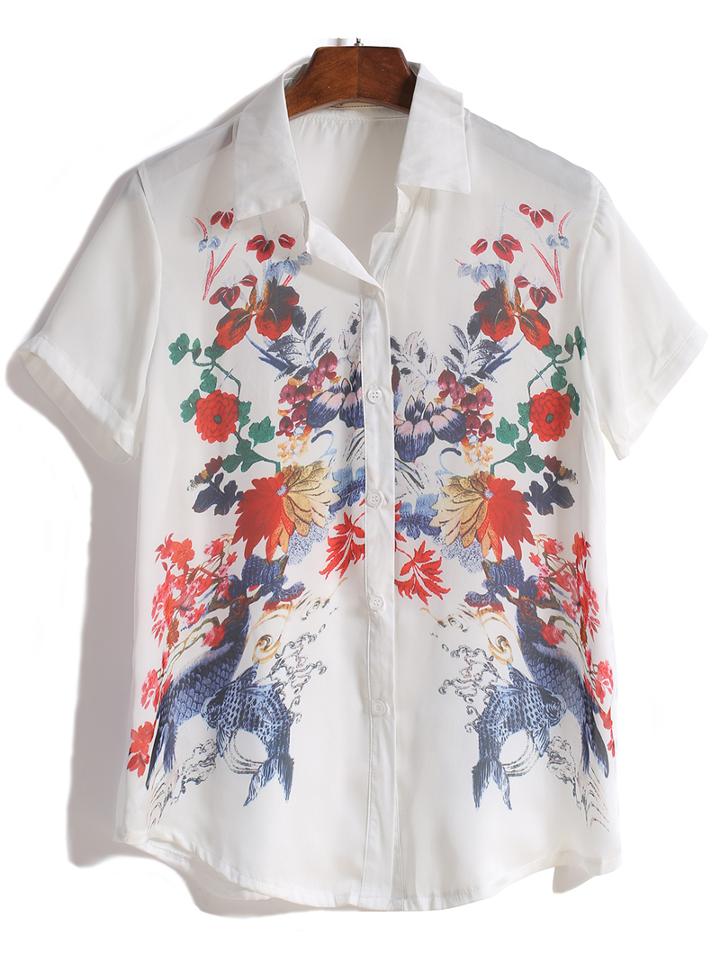 Romwe Lapel Short Sleeve Floral Blouse