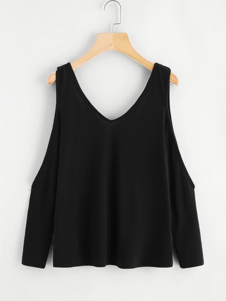 Romwe Deep V Neckline Cold Shoulder Tee