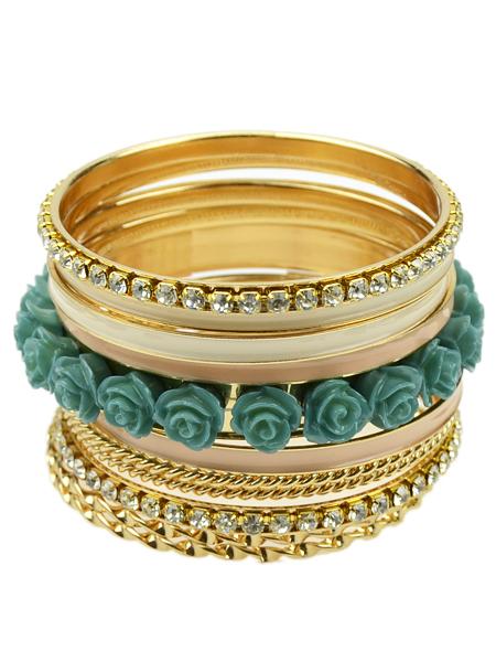 Romwe Blue Crystal Flowers Multilayer Bracelet
