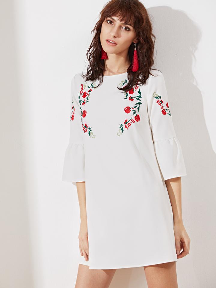 Romwe White Bell Sleeve Embroidered Tunic Dress