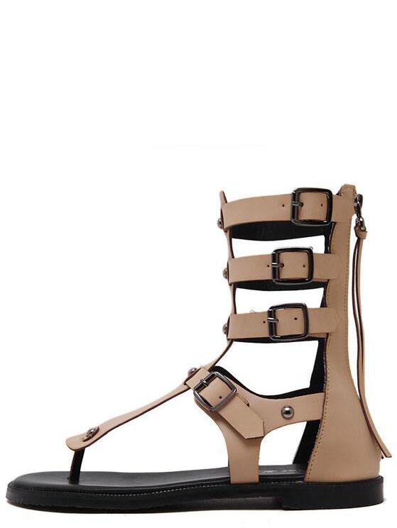 Romwe Apricot Zipper Buckle Strap Tall Flip Sandals