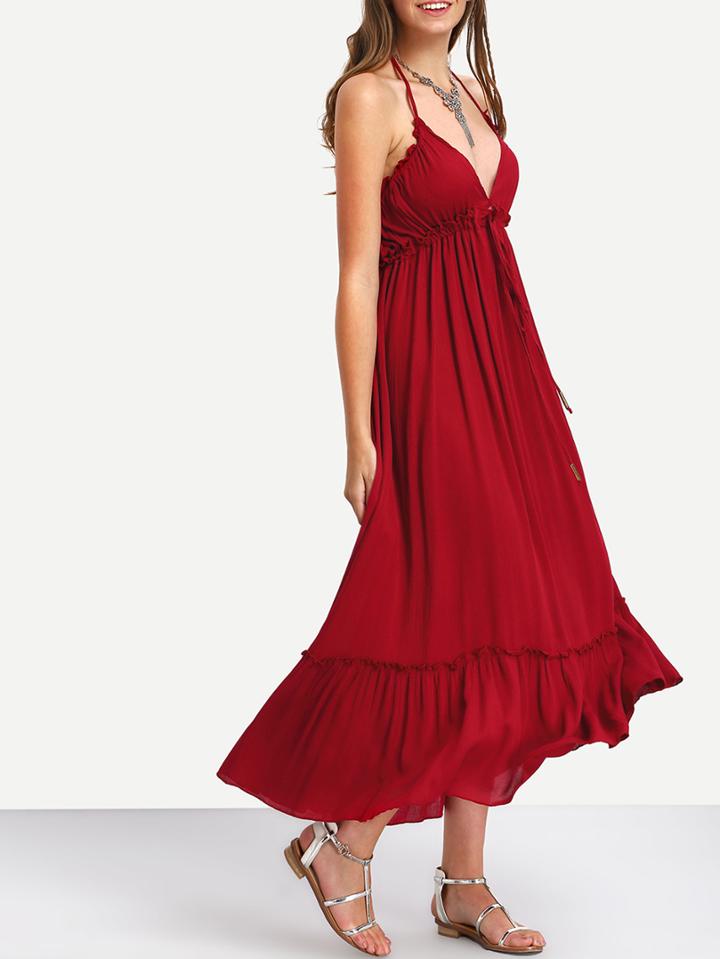 Romwe Burgundy Halter High Waist Tiered Long Dress