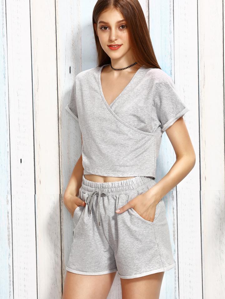 Romwe Heather Grey Surplice T-shirt With Drawstring Shorts