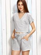 Romwe Heather Grey Surplice T-shirt With Drawstring Shorts