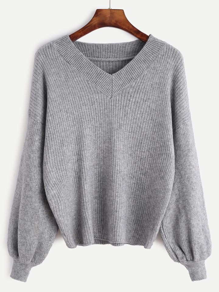 Romwe V Neck Drop Shoulder Lantern Sleeve Ribbed Knit Sweater