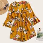 Romwe Knot Floral Print Flounce Sleeve Romper