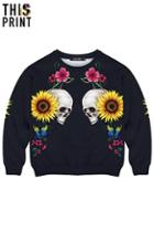 Romwe Sunflower Skull Black Sweatshirt