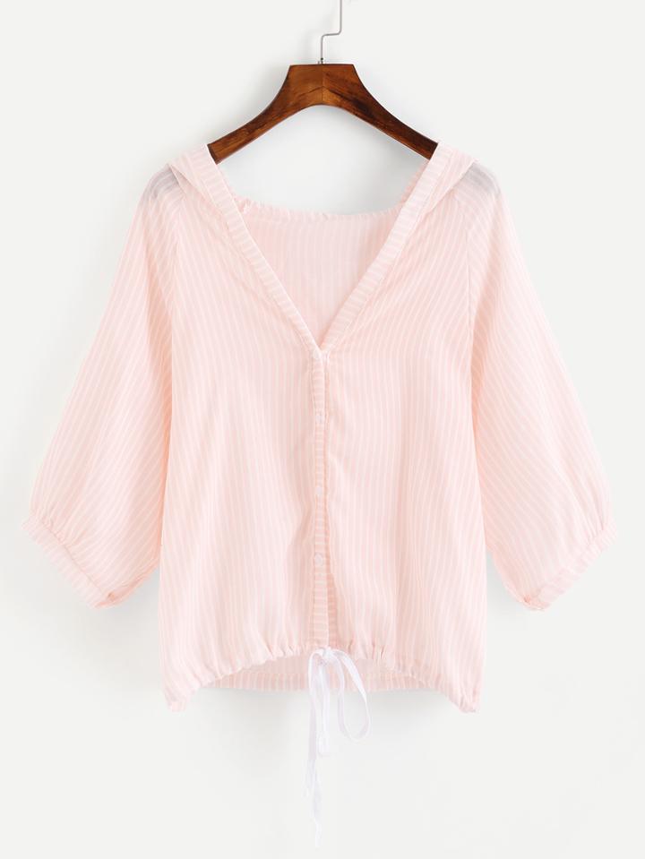 Romwe Drawstring Hem Striped Hooded Top