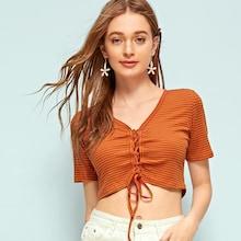 Romwe Stripe Print Lace Up Crop Tee