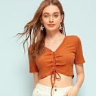 Romwe Stripe Print Lace Up Crop Tee