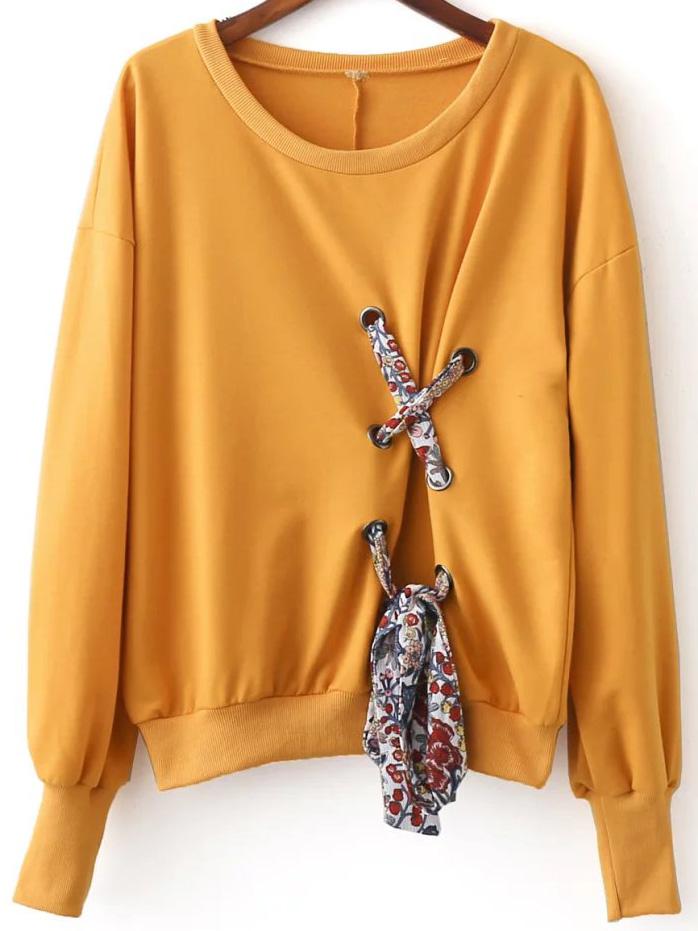 Romwe Yellow Eyelet Lace Up Sweatshirt