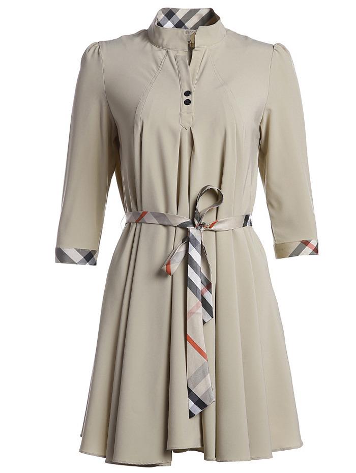 Romwe Apricot Stand Collar Half Sleeve Drawstring Dress