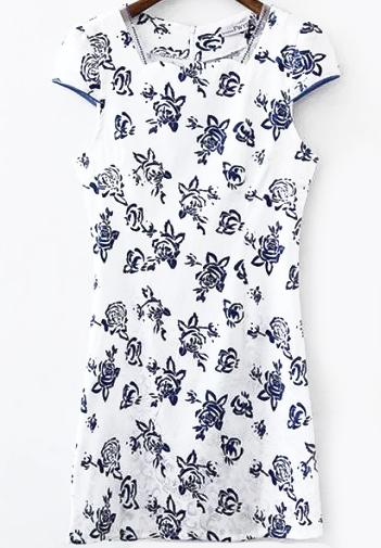 Romwe Square Neck Flower Print Navy Dress
