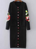 Romwe Black Floral Pattern Button Up Long Sweater Coat