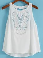 Romwe Halter Embroidered Hollow White Tank Top