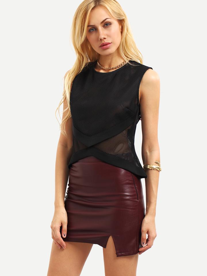 Romwe Zip Back Asymmetric Mesh Top - Black