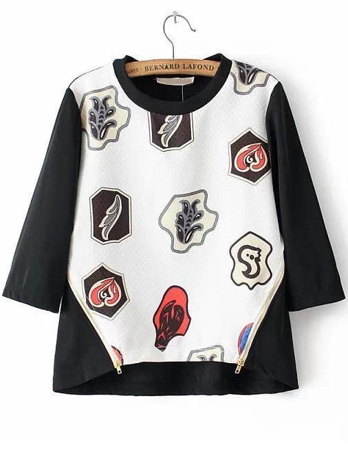 Romwe Colour-block Print Zipper Sweatshirt