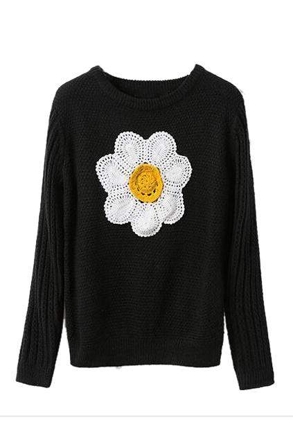 Romwe Sunflower Crochet Black Jumper