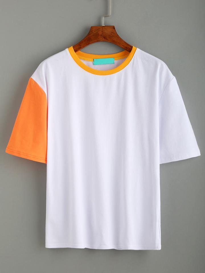 Romwe White Letter Embroidered T-shirt With Contrast Sleeve