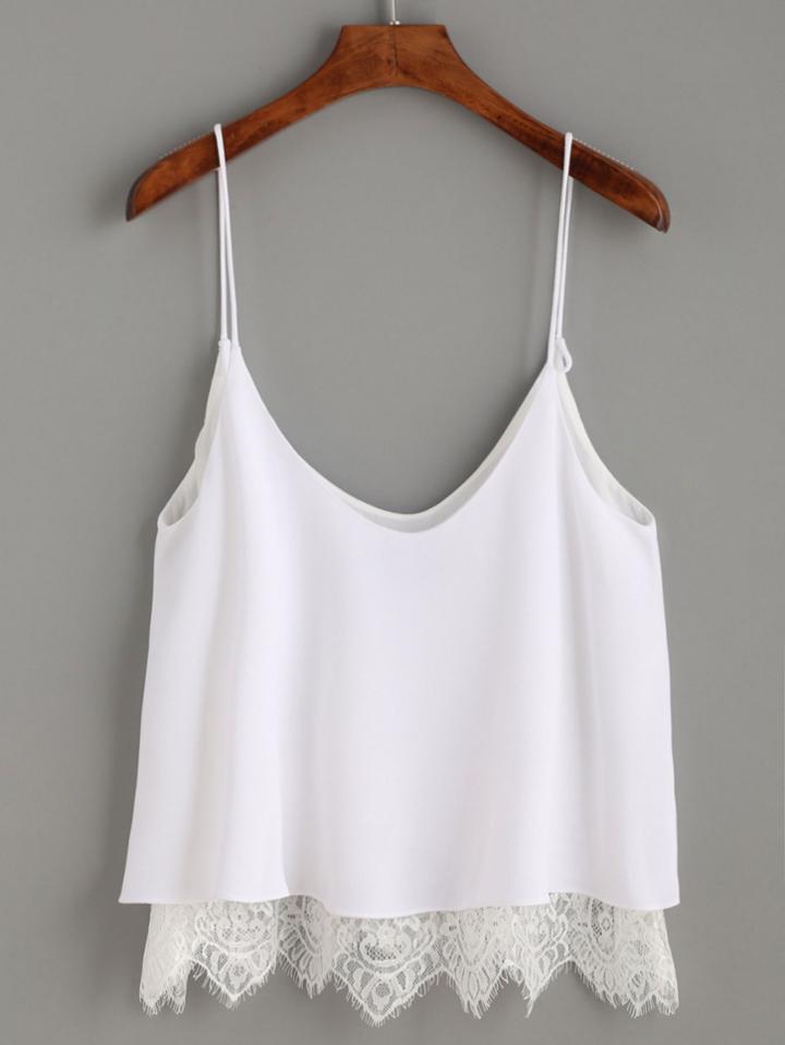 Romwe White Eyelash Lace Trim Cami Top