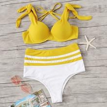 Romwe Underwired Halter Top With High Waist Bikini Set