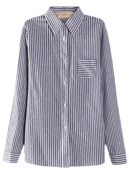 Romwe Dark Grey Buttons Front Pocket Plus Size Stripe Blouse