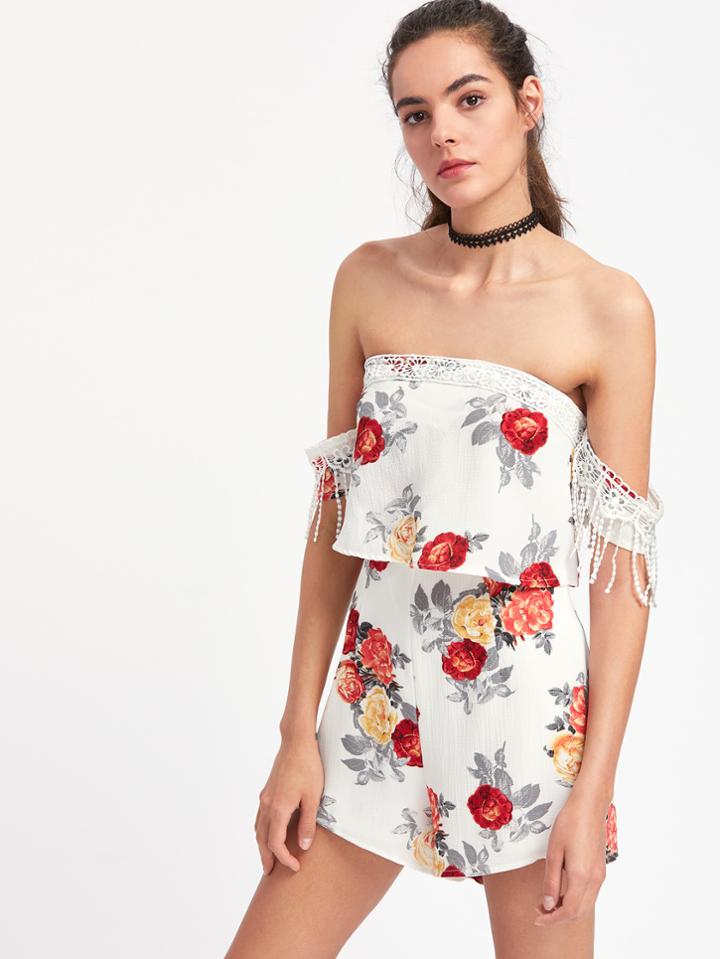 Romwe Bardot Lace Trim Layered Floral Playsuit