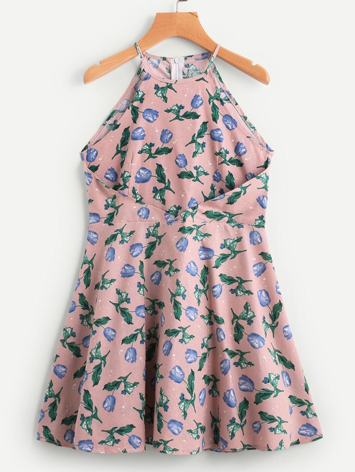 Romwe Floral Print Fold Over Zip Back A Line Dress