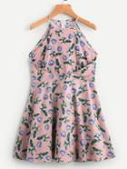 Romwe Floral Print Fold Over Zip Back A Line Dress