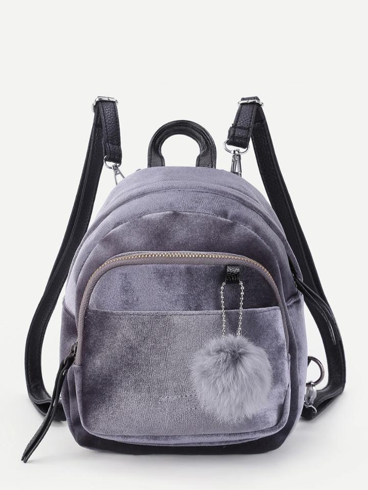 Romwe Pom Pom Decorated Velvet Backpack