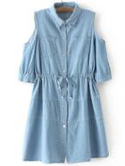 Romwe Blue Cold Shoulder Pockets Self Tie Bow Denim Dress