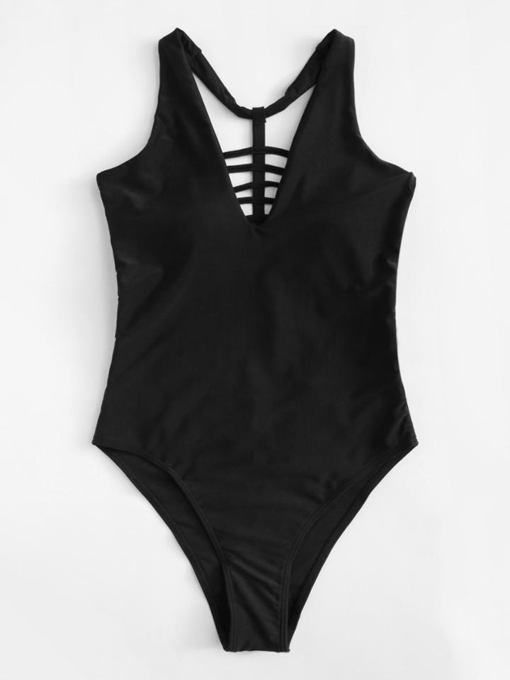 Romwe Caged Back Solid Swimsuit