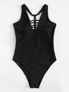 Romwe Caged Back Solid Swimsuit