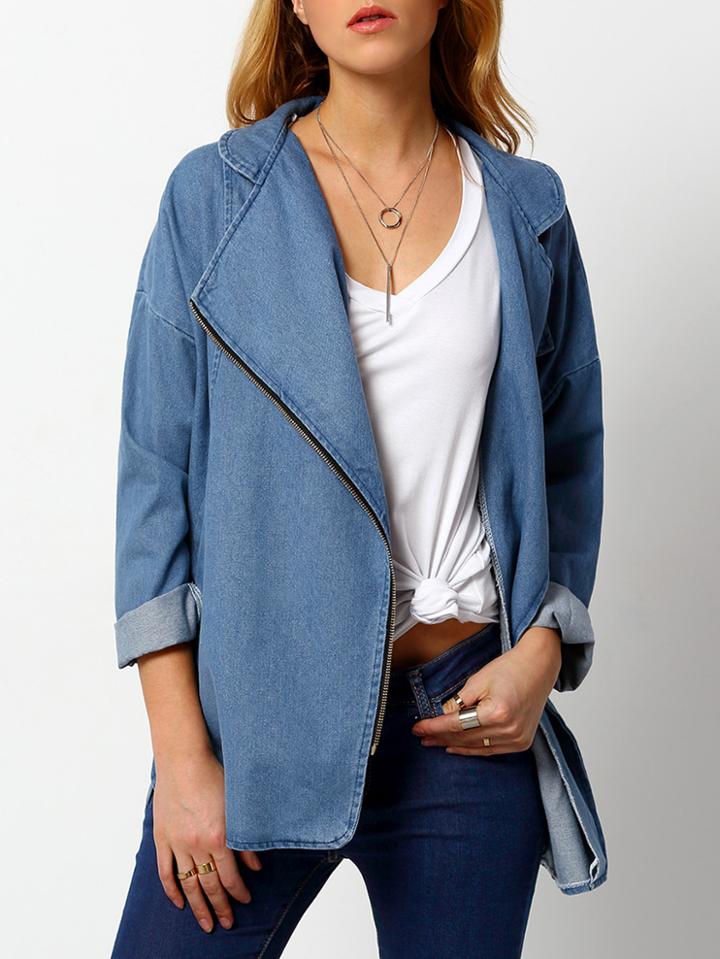 Romwe Shawl Collar Zipper Denim Coat