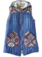 Romwe Blue Padded Hodded Vest With Aztec Pocket