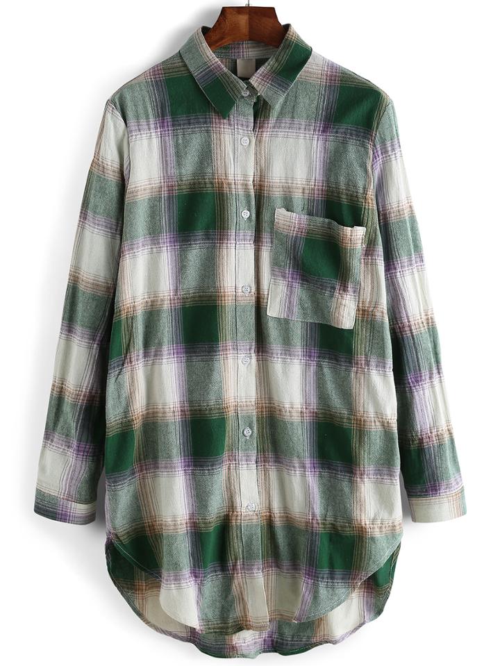 Romwe High Low Plaid Green Blouse