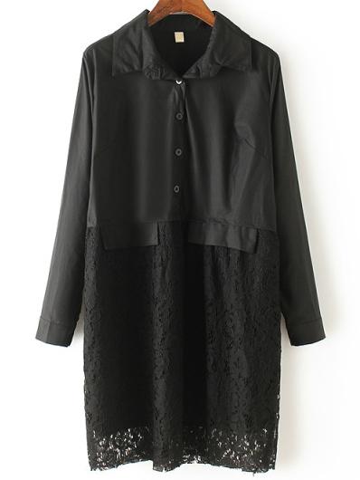 Romwe Lace Hem Black Shirt Dress