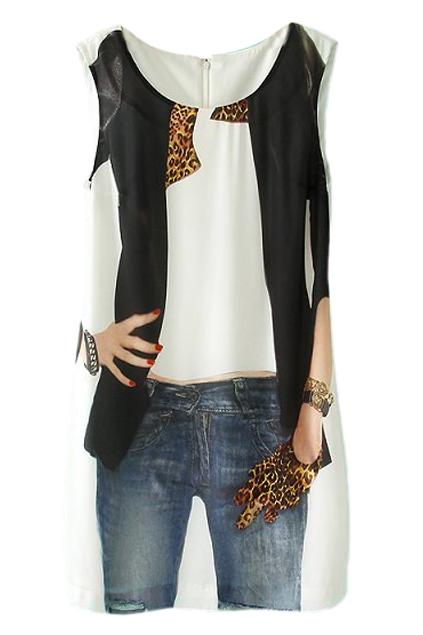 Romwe Figure Print Round Neck Sleeveless Loose Dress