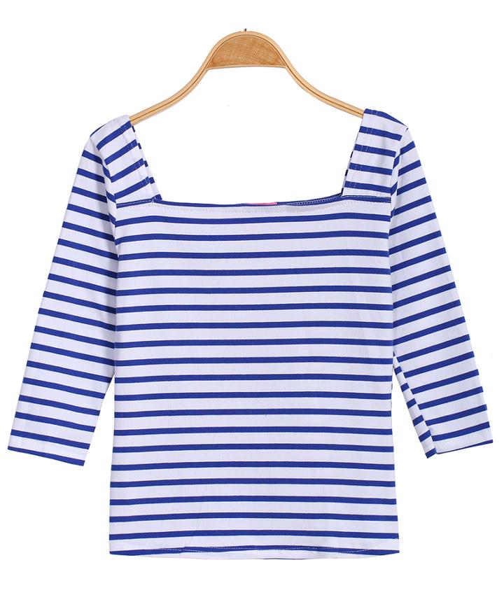 Romwe Square Neck Striped Blue T-shirt