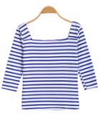 Romwe Square Neck Striped Blue T-shirt