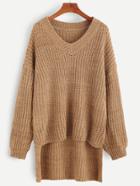Romwe Khaki V Neck Drop Shoulder Dip Hem Textured Sweater