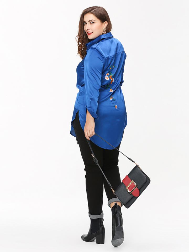 Romwe Floral Embroidered Back Knot Front Shirt