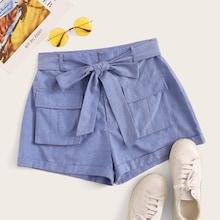 Romwe Flap Pocket Front Self Belted Shorts