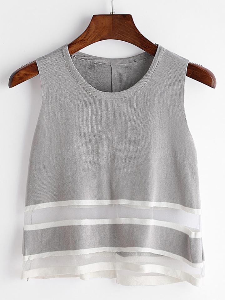 Romwe Grey Sheer Mesh Insert Slit Back Knit Tank Top