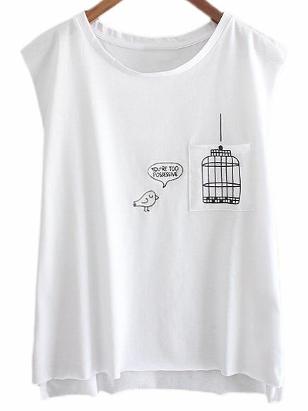 Romwe White Dip Hem Birdcage Printed Sleeveless T-shirt