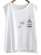 Romwe White Dip Hem Birdcage Printed Sleeveless T-shirt
