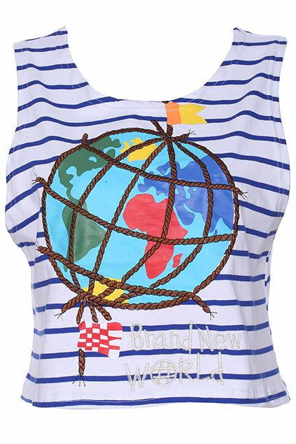 Romwe Earth Pattern Stitching Striped Print Blue Vest