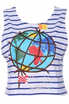 Romwe Earth Pattern Stitching Striped Print Blue Vest